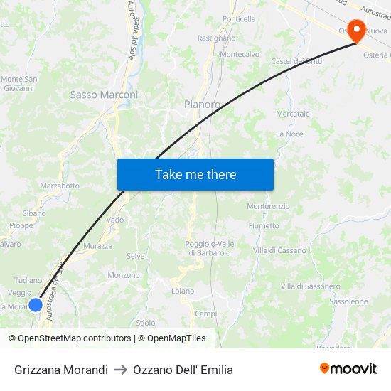 Grizzana Morandi to Ozzano Dell' Emilia map