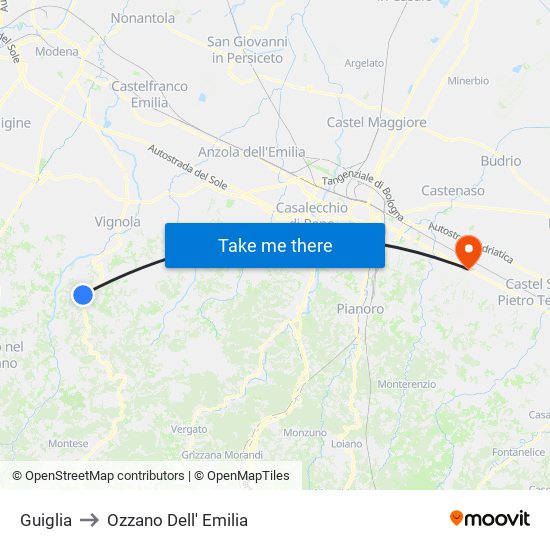Guiglia to Ozzano Dell' Emilia map