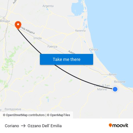 Coriano to Ozzano Dell' Emilia map