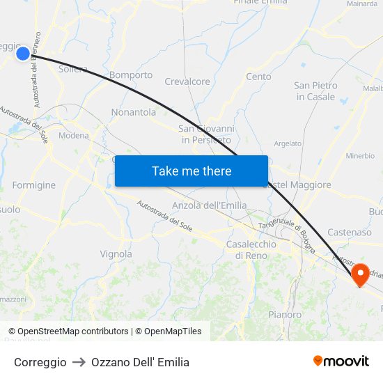 Correggio to Ozzano Dell' Emilia map