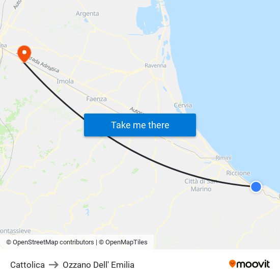 Cattolica to Ozzano Dell' Emilia map