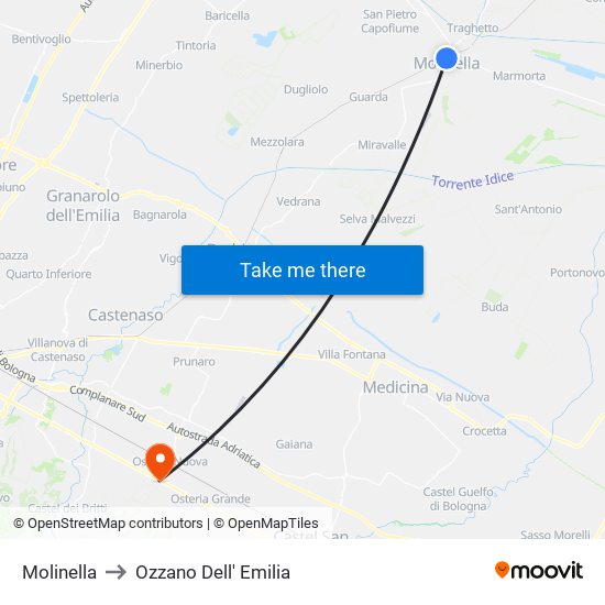 Molinella to Ozzano Dell' Emilia map