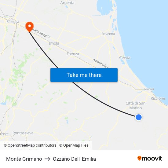 Monte Grimano to Ozzano Dell' Emilia map