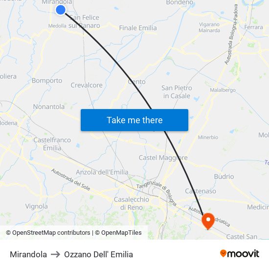 Mirandola to Ozzano Dell' Emilia map