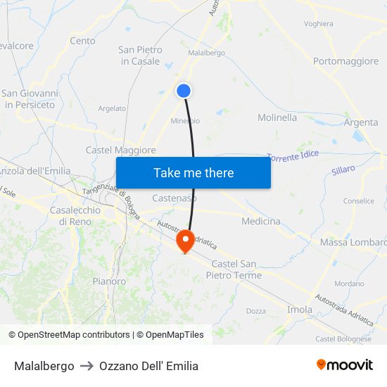 Malalbergo to Ozzano Dell' Emilia map