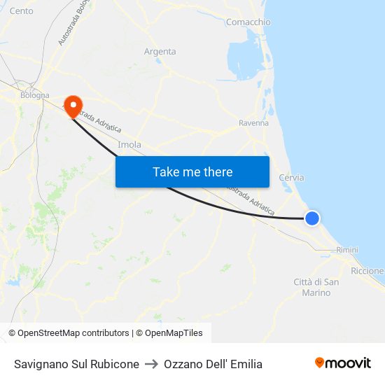 Savignano Sul Rubicone to Ozzano Dell' Emilia map