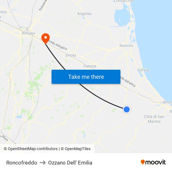 Roncofreddo to Ozzano Dell' Emilia map