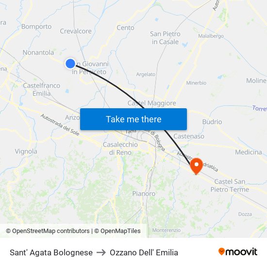 Sant' Agata Bolognese to Ozzano Dell' Emilia map