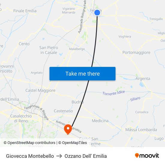 Giovecca Montebello to Ozzano Dell' Emilia map