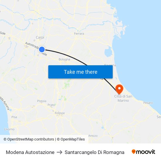 Modena  Autostazione to Santarcangelo Di Romagna map