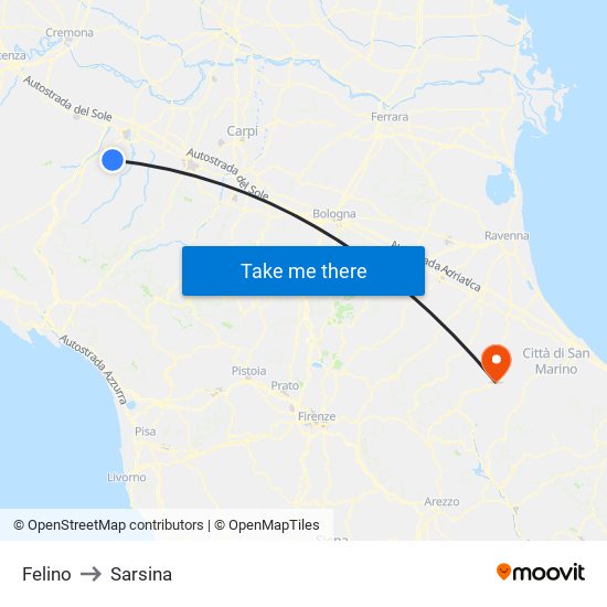 Felino to Sarsina map