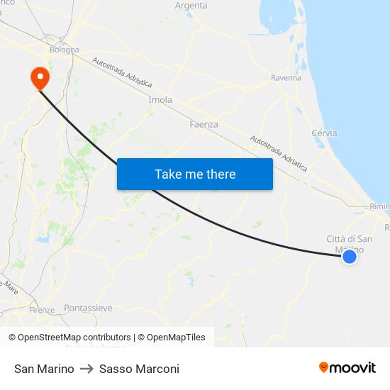 San Marino to Sasso Marconi map