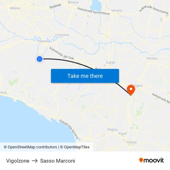 Vigolzone to Sasso Marconi map