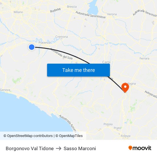 Borgonovo Val Tidone to Sasso Marconi map