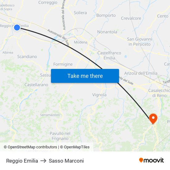 Reggio Emilia to Sasso Marconi map