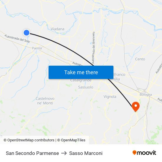 San Secondo Parmense to Sasso Marconi map