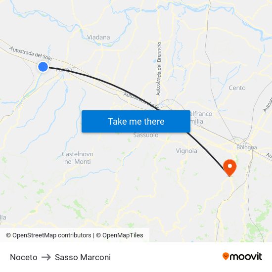 Noceto to Sasso Marconi map