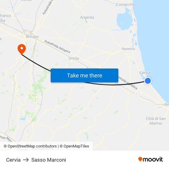 Cervia to Sasso Marconi map