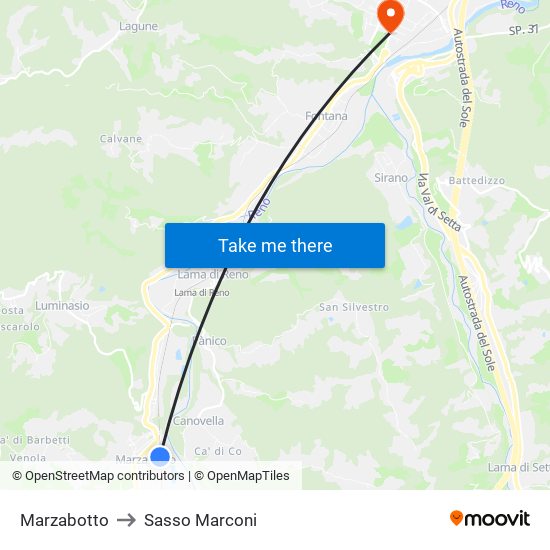 Marzabotto to Sasso Marconi map