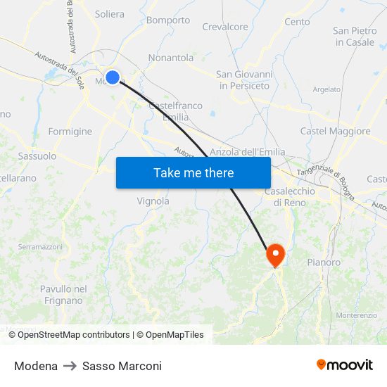 Modena to Sasso Marconi map