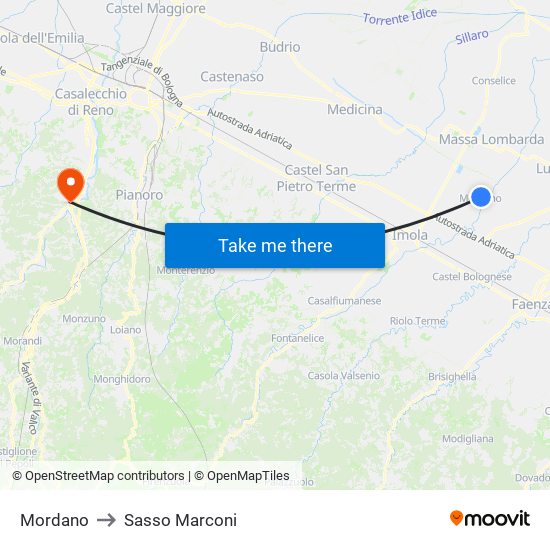 Mordano to Sasso Marconi map