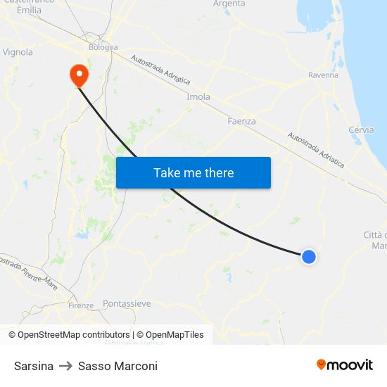 Sarsina to Sasso Marconi map