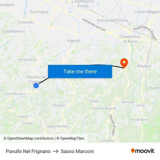 Pavullo Nel Frignano to Sasso Marconi map