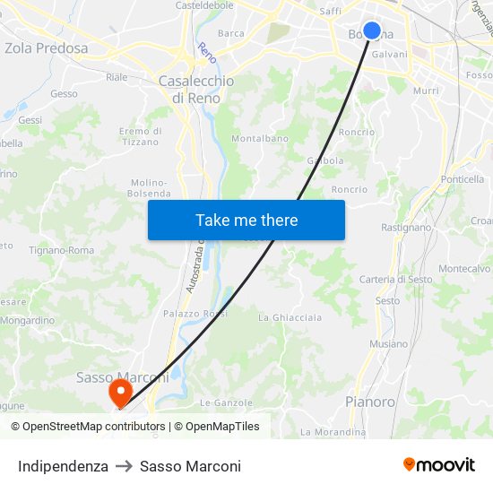 Indipendenza to Sasso Marconi map