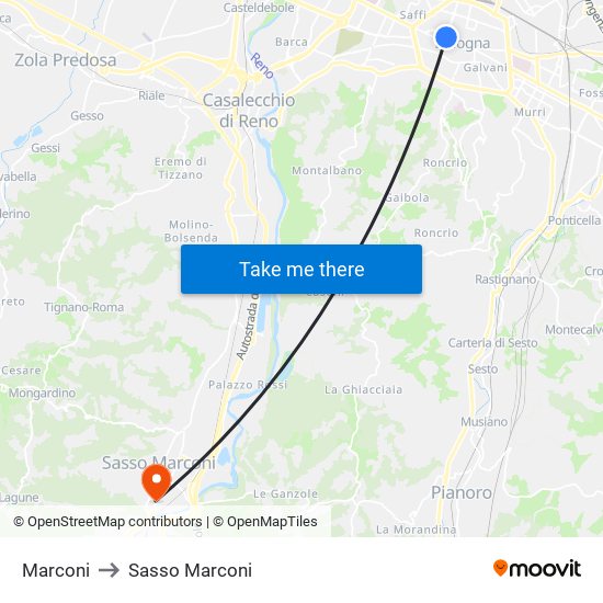 Marconi to Sasso Marconi map