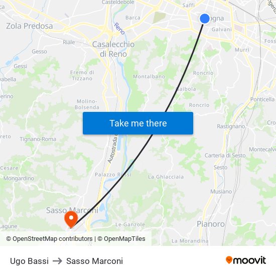Ugo Bassi to Sasso Marconi map