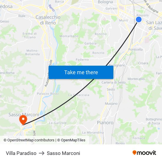 Villa Paradiso to Sasso Marconi map