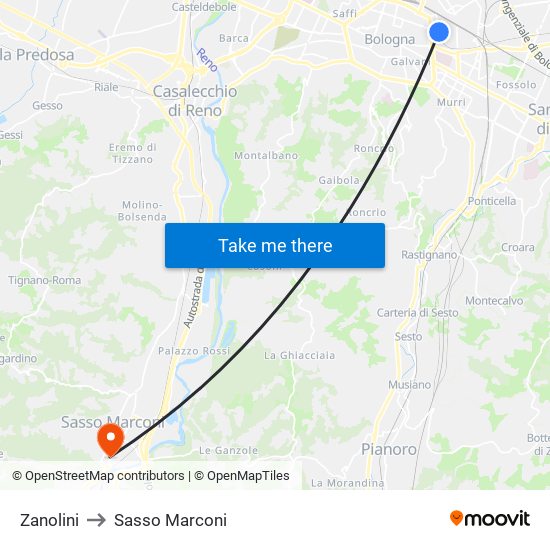 Zanolini to Sasso Marconi map