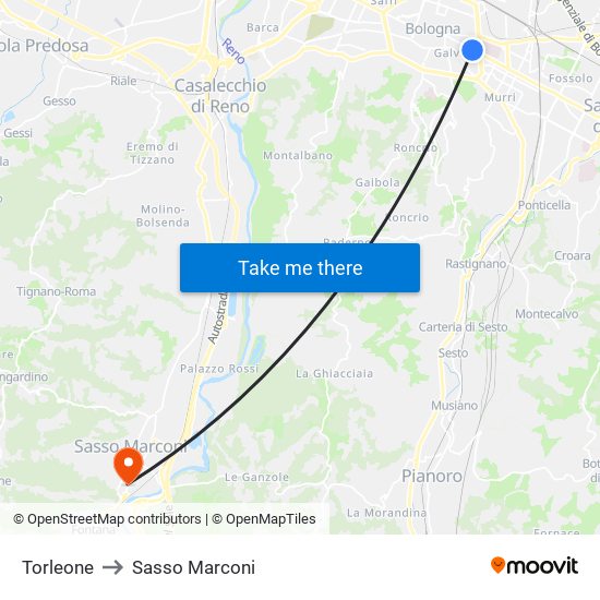 Torleone to Sasso Marconi map