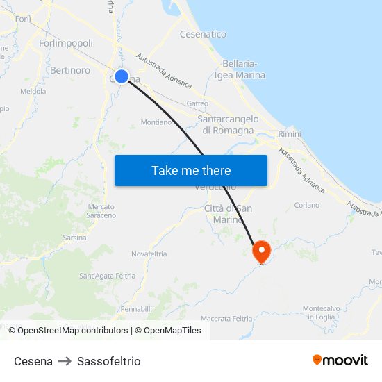 Cesena to Sassofeltrio map