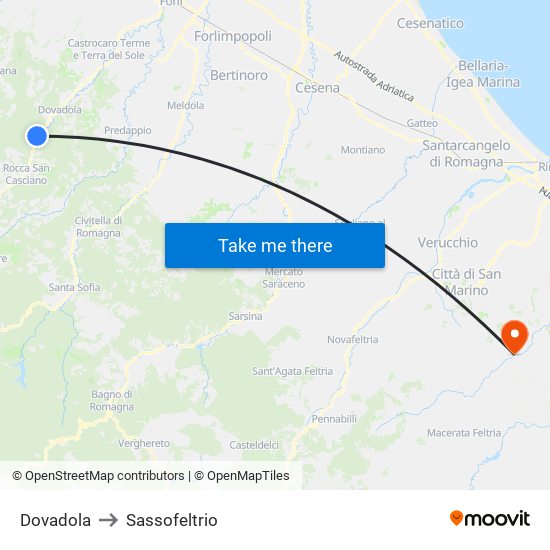 Dovadola to Sassofeltrio map