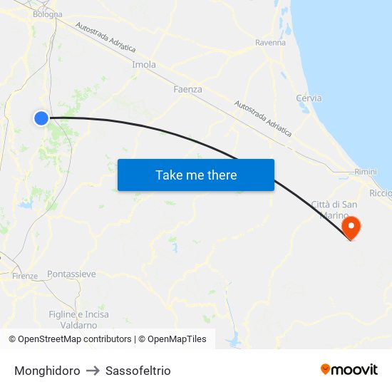 Monghidoro to Sassofeltrio map
