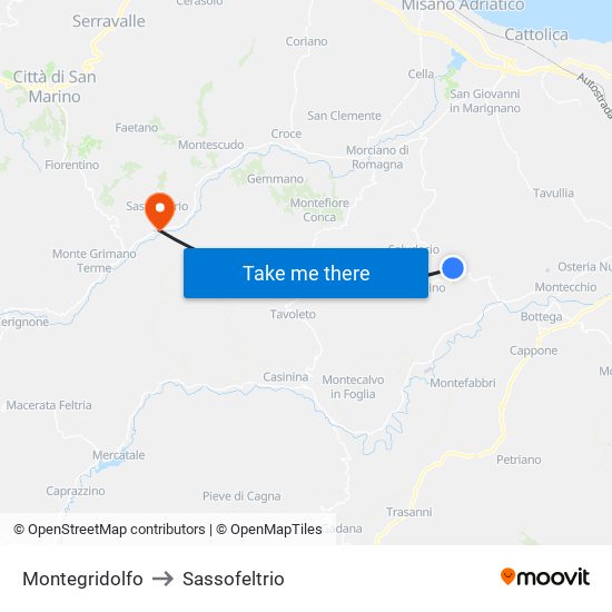 Montegridolfo to Sassofeltrio map