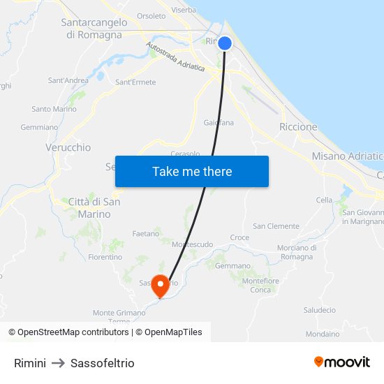 Rimini to Sassofeltrio map