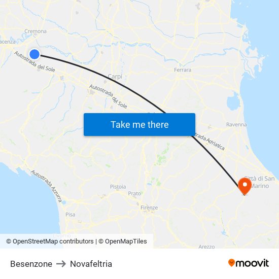 Besenzone to Novafeltria map