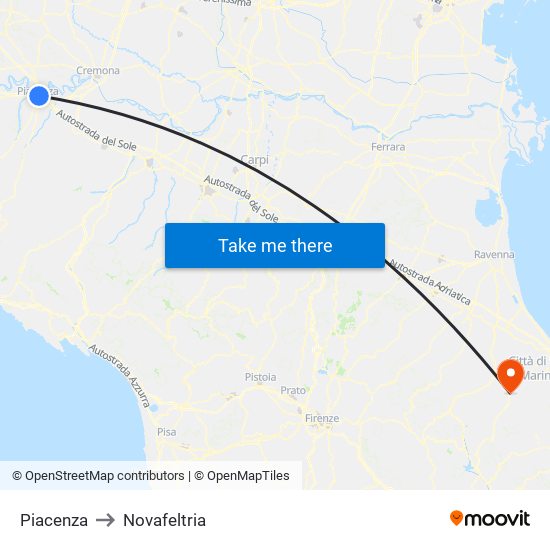 Piacenza to Novafeltria map