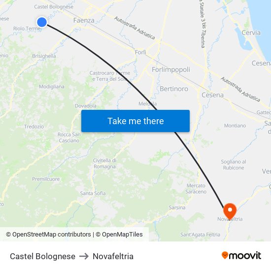 Castel Bolognese to Novafeltria map