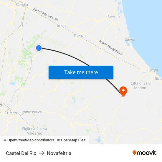 Castel Del Rio to Novafeltria map