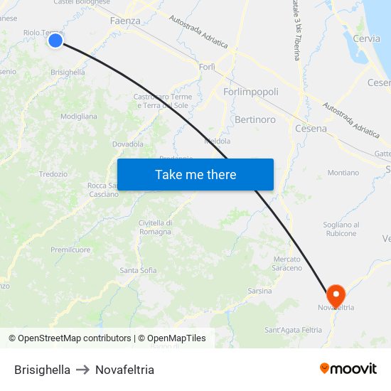 Brisighella to Novafeltria map