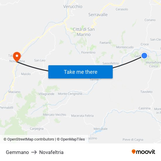 Gemmano to Novafeltria map