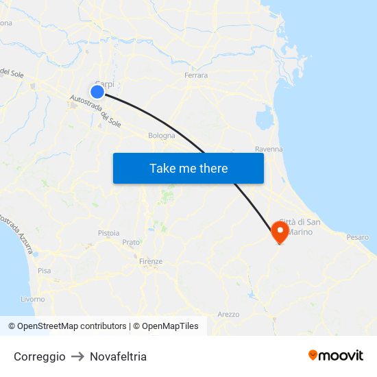 Correggio to Novafeltria map