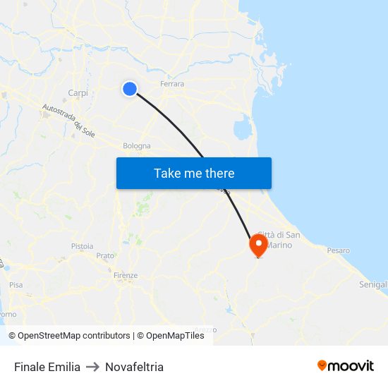 Finale Emilia to Novafeltria map