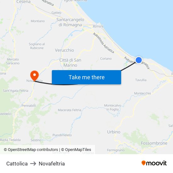 Cattolica to Novafeltria map