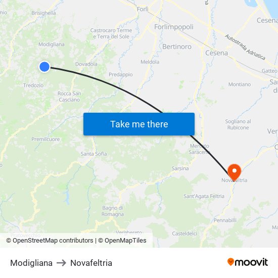 Modigliana to Novafeltria map