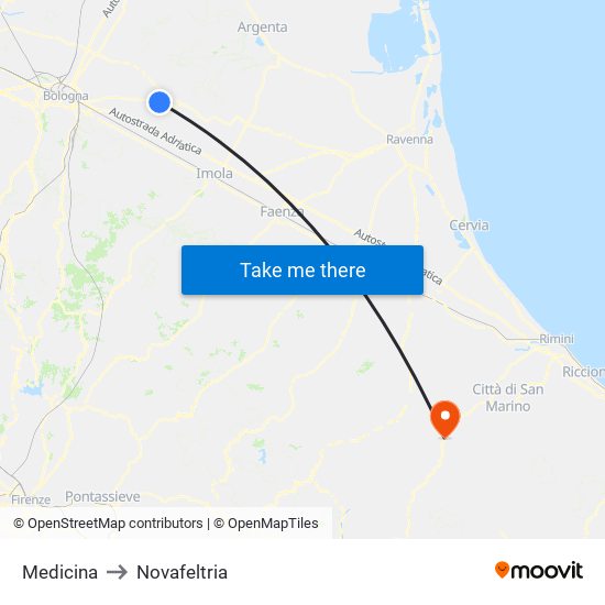Medicina to Novafeltria map
