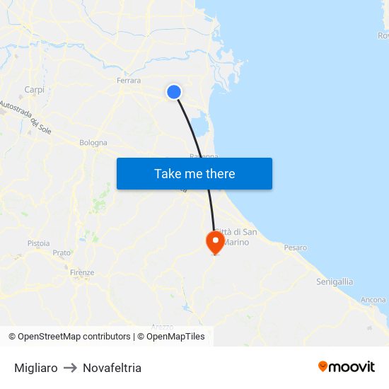 Migliaro to Novafeltria map